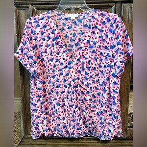 Finn & Grace Sz M blue pink white leopard short sleeve spring summer blouse